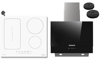 Induction Hob White Electric Hob 60cm 4 Zone and A++ 500m³/h Recirculating Cooker Hood Touch Control