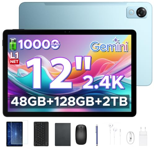 P12 Tablette 12 Pouces, Tablette Android 16, 48Go+128Go/2To, 120Hz, Bleu | Tablette avec Gemini AI, Octa-Core Unisoc T7280, 13MP+8MP, Face ID, Widevine L1, 2.4K, Tablette Tactile avec Clavier, Stylet