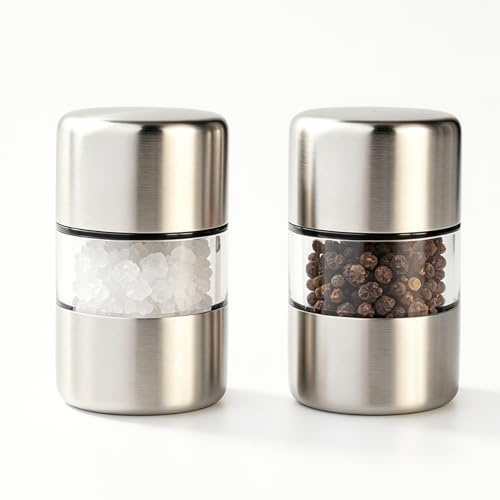 Mini Salt and Pepper Grinder Set 2pcs, Travel Salt and Pepper Sets Manual Stainless Steel Spice Mills with Ceramic Core Refillable Travel Salt Grinder for Camping Home Kitchen BBQ and Outdoor