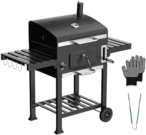 TEENO Parrilla para barbacoa de carbón XXL, control de calor de 5 niveles, con guantes y pinzas, mesas laterales plegables, termómetro, estante de calentamiento y ruedas para fiestas al aire libre