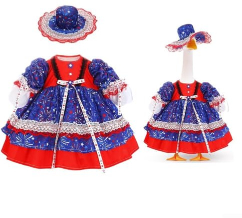 Patriotisk gräsmatta gås för kostym 58 cm röd vit blå klänning patriotisk | Levande röd vit blå schema, fyrverkeri stjärnmönster, festlig självständighetsdagen humör, passar 58 cm gås