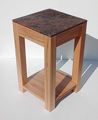 Martin Weddeling Taburete para flores, mesa auxiliar, madera de haya maciza, con estante + granito multicolor rojo. Dimensiones: 30 x 30 x 60 cm de alto.