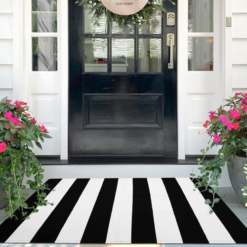 IOHOUZE Black White Striped Rug -27.5 X 43 Front Door Mats Outdoor,Washable Rug for Front Porch Decor,Spring Summer Welcome Mats Outdoor Indoor, Doormat for Farmhouse/Entryway/Home Entrance