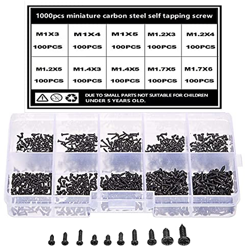TAIANJI Lot de 1000 mini vis autotaraudeuses - Petites vis noires - Micro vis M1 M1.2 M1.4 M1.7 - Pour lunettes, montres, téléphones, appareils photo, ordinateurs portables, etc.
