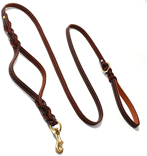 Guiding Star Double Handle Leather Dog Leash 6ft, Heavy Duty Braided Dog Leash with Traffic Handle for Small Medium & Large Dogs (Two Handles 6 Foot x 5/8, Brown)