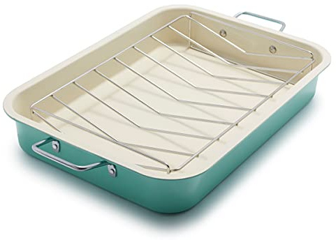 GreenLife 16.5” x 12” Healthy Ceramic Nonstick Roasting Pan with Stainless Steel Roaster Rack, PFAS-Free, PFOA-Free, Dishwasher Safe, Oven Safe, Easy Pouring Rims, Turquoise