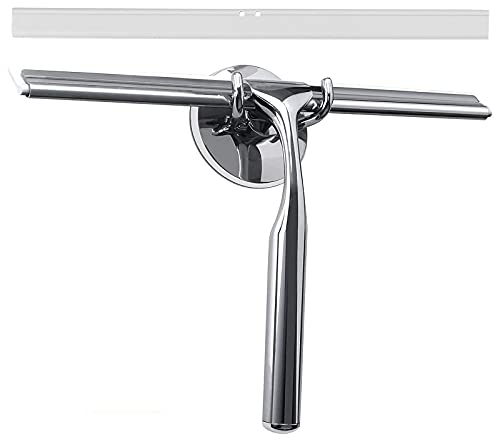 GlobaLink Shower Squeegee, 12 inches Stainless Steel Shower Scrapers with Hanging Adhesive Hook All-Purpose Bathroom Window Wiper With Replacement Silicone Blade for Shower Door, Mirror-Siliver