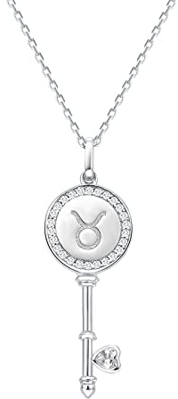 Presentski Stier Sternbild Anhänger Halskette Damen: 925 Sterling Silber Stier Halsketten Platin Überzogen Kette Sternbilder Astrologie Schlüsselform Halsketten mit Herz Zirkonia Horoskop Halskette