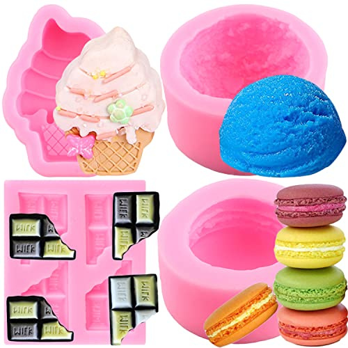 ZiXiang Macaroon Hamburger Silicone Molds Ice Cream Ball Fondant Mold Milk Chocolate Mold for Cake Decoration Cupcake Topper Candy Resin Clay Candle Soap Bath Bomb Set Of 4