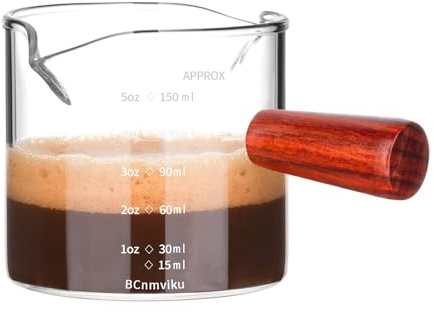 BCnmviku Double Spouts Measuring Triple Pitcher Milk Cup with Wood Handle 150ML /5OZ Espresso Shot Glasses Parts Clear Glass (1)