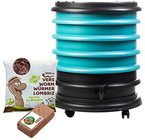 WORMbox | Vermicompostaggio 4 Vassoi Turchese + 500g di Vermi Lombrichi / 1000 pz. + 1 Cocco | 64L | Compost di Rifiuti Organici Compostiera Vermifuga Lombricompostiera | Lombrichi = Humus lombrico