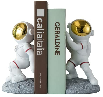 Banllis Space Theme Bookends for Shelves, Astronaut Moon Book Ends for Kids Room, Decorative Planet Book Stoppers to Hold Books Heavy Duty, Unique Boys and Girls Gift (Gray)