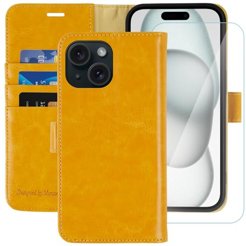 MONASAY for iPhone 15/14 Plus 5G Wallet Case, 6.7-inch [Glass Screen Protector Included] [RFID Blocking] Flip Folio Leather Cell Phone Cover with Credit Card Holder, Yellow