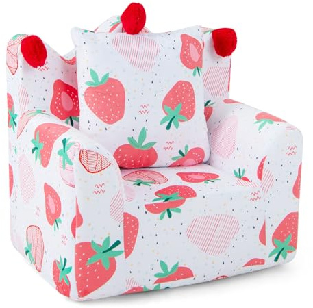 COSTWAY Kids Sofa Chair, Children Upholstered Armchair with Pillow, Washable Velvet Cover, Toddler Reading Relax Couch for Playroom Nursery (Pink Strawberry)
