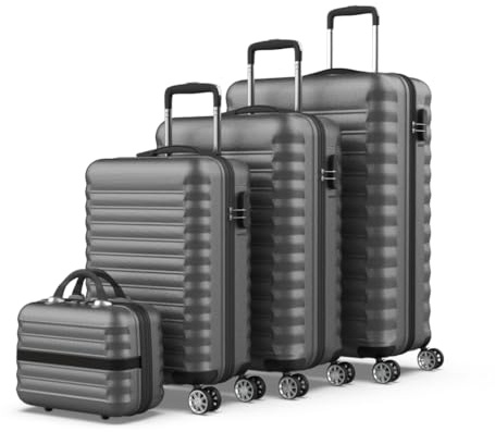 NUMADA-Juego de Maletas Rígidas 4pzs. Maleta Cabina 53cm, M. Mediana 63cm, M. Grande 75cm y Neceser. Set de Maletas de Viaje ABS Eco Friendly, 4 Ruedas Dobles, Cierre Combinación (Gris)