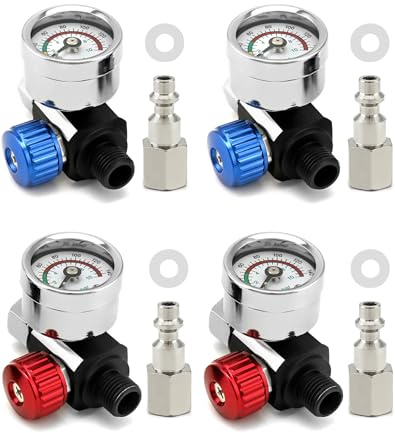 QWORK Air Pressure Regulator Kit, 2 Sets 1/4-G Spray Paint Gun Air Adjusting Valve Regulator for Air Guns, Spray Guns and Air Tools, Airflow Regulator with Gauge and Quick-Connect Adapter