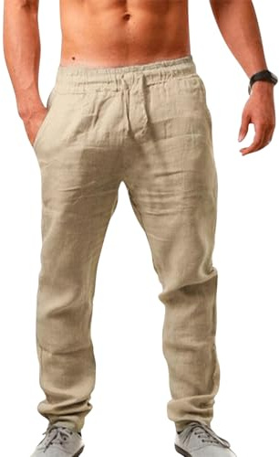 Puimentiua Leinenhose Herren,Lang Leichte Sommerhose,Schmal Fit Baumwollehosen mit Tunnelzug und Taschen (Khaki,L)