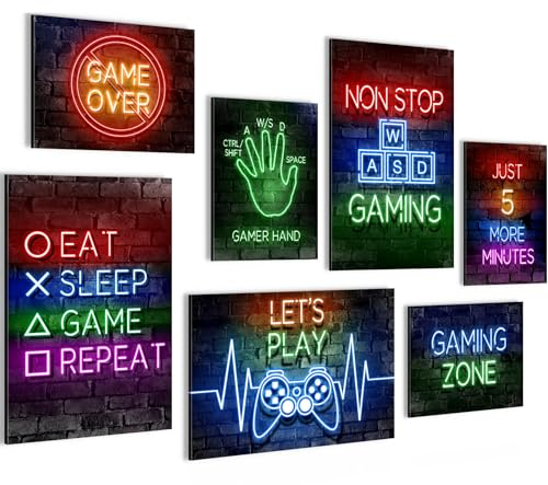 Novart Wandbilder Spielkonsole Gamer - KOMPLETT AUFHÄNGFERTIG - Bunt Kinderzimmer Junge Teenager - 7 Moderne Mood-Bilder - N005272a