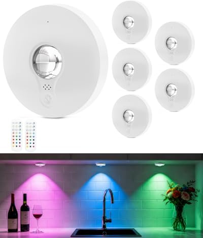 WUYOR Foco LED RGB recargable por USB, batería LED con mando a distancia, cambio de color, lámpara LED para debajo de los muebles, magnética, regulable, iluminación de armario, iluminación de vitrina