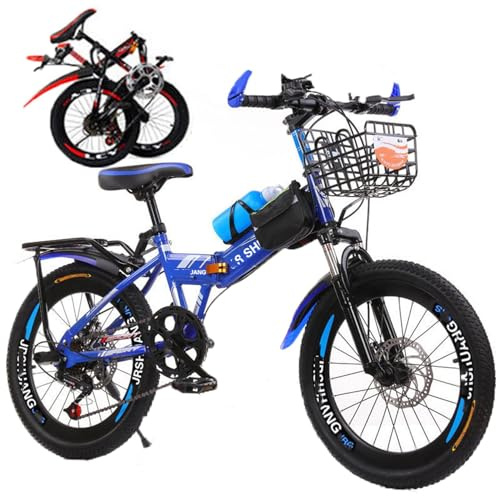 VHVYWY Klapprad für Erwachsene und Kinder, Citybike für Damen mit 18/20/22/24 Zoll, kleines Klapprad aus Karbonstahl mit Stoßdämpfer und doppelter Scheibenbremse in Schwarz Blau, 24 Zoll