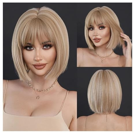 ZYDLMBJL Perücken Echthaar, Modische Kurze Blonde Perücke mit glattem Haar for Damen, tägliche Cosplay-Perücke, Highlight weiße Perücken(Light Yellow)