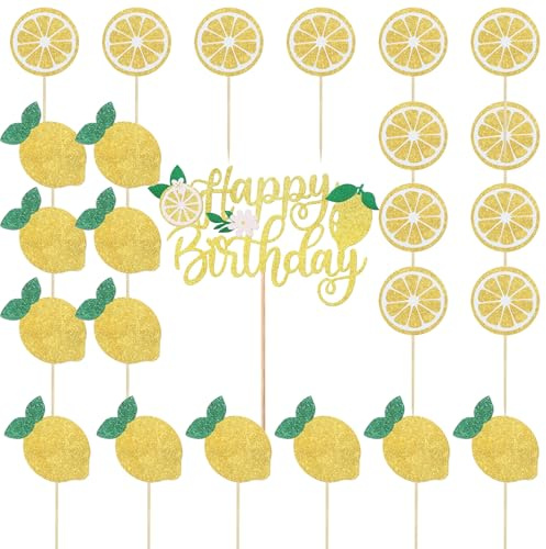 Wasise Lemon Cake Decorations - 25PCS Lemon Party Decorations Includes Cupcake Toppers and Happy Birthday Sign, Glitter Lemons Themed Cake Topper Decor for Shower Birthday Party