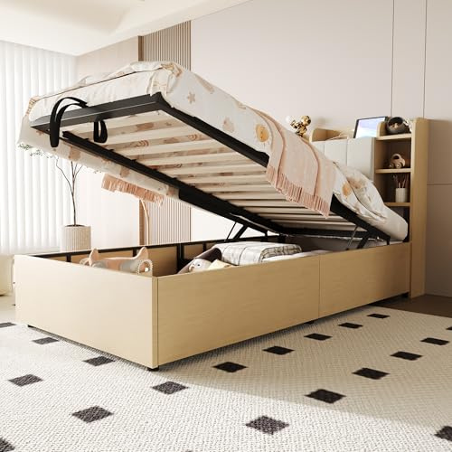 Kebnor Letto in legno, letto idraulico, testiera con vano portaoggetti, dotato di presa USB e Type-C, letto singolo, letto per ragazzi, (senza materasso) (colore legno, 90 x 200 cm)