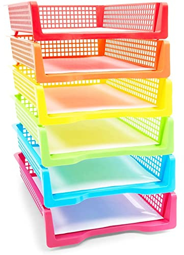Set mit 6 Regenbogen-Tabletts für Lehrer, Kunststoff-Klassenzimmer-Papierorganisatoren, Bunte Aufbewahrungskörbe für Büro (25,4 x 7,6 x 33 cm)