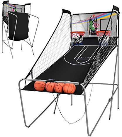 GOPLUS Panier Basket Enfant Pliable d’Arcade, 202 x 110 x 205 CM, Jeu Basketball Arcade Extérieur 2 Paniers et 4 Ballons, 8 Modes de Jeux, Capteur Électrique, LED Score, 4 Boutons de Fonctionnement