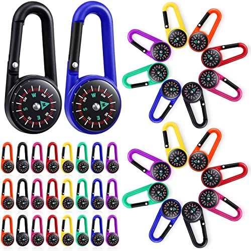 32 Pcs Compass Keychain for Kids Small Compass Keychain Belt Clips with Holes Adventure Camping Metal Buckle Pocket Outdoor Hiking Survival Camping Party Favors (Multicolor)