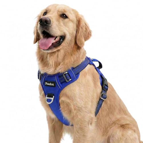 Funfox Hundegeschirr Mittelgroße Hunde [L] - Verstellbares Anti-Zug Brustgeschirr mit Griff & Reflektorstreifen, Atmungsaktives No Pull Hundegeschirr für Grosse/Kleine Hunde Outdoor Blau