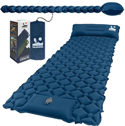 VALEHOWL 800g Ultralätt Uppblåsbart Liggunderlag för Camping, med Fotpump och Kudde, Kompakt Luftmadrass för Utomhus, Backpacking, Vandring