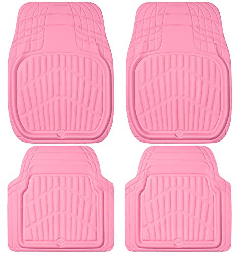 CAR PASS 4 Piece Leather Car Floor Mats -3D Cute Girly Waterproof All Weather Car Mat Full Set, Universal Trim to Fit & Anti-Slip Burr Bottom & Light Easy Clean for SUV Truck Auto Sedan Van(Pink)