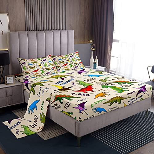 Juego de sábanas de Dinosaurio para niños, Juego de Ropa de Cama de Dinosaurio de Dibujos Animados para niños y niñas, sábanas de Rugido T-Rex, 1 sábana encimera y 1 Funda de Almohada tamaño individu