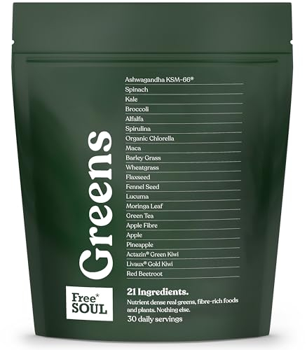 Free Soul Greens | 21 Advanced Greens, Superfoods, and Adaptogens Including KSM-66 Ashwagandha, Vegan & Gluten-Free, Advanced Natural Formula | UK Made | 30 Servings | Original Flavour