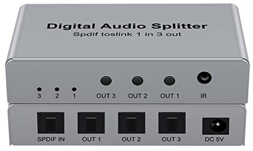 3 Port SPDIF Toslink Fiber Audio Splitter, Digital Optical Splitter 1x3(1 in 3 Out) with Optical Cable for TV, Support Dolby Digital DTS 5.1 PCM Stereo LPCM 96KHZ