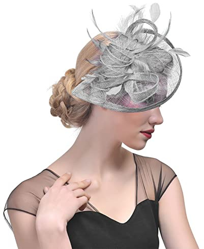 Fascinator Damen Hochzeit Kopfschmuck Hüte Hat Clips Haarclip Hut Stirnband Tea Party Mesh Kopfbedeckung Frauen Pillbox Hut Haarschmuck für Cocktail Halloween Oktoberfest Gothic Grey