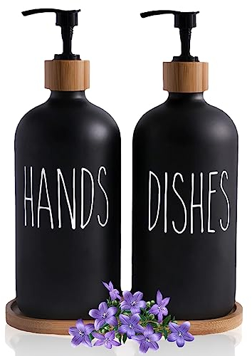 suchkawe Glass Soap Dispenser Set, Hand and Dish Soap Dispenser with Wooden Base, Refillable Liquid Soap Dispenser with Bamboo Pump for Kitchen Farmhouse Bathroom Home Decor