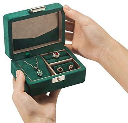 Kleine grüne Samt-Schmuckschatulle aus Holz für kleine Ohrringe und Anhänger, Organizer für Reisen, Holzschmuck, Ringe und Halsketten (grün)