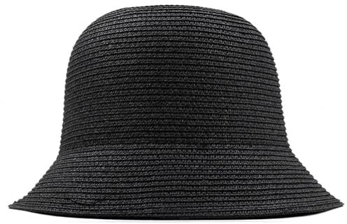 SOYNIA Sonnenhut Strohhut Hut Mädchen Stroh Fischer Hut Breite Krempe Floppy Hüte Für Frauen Strand Strohhut Kuppel Eimer Hut Schatten Hut Schwarz