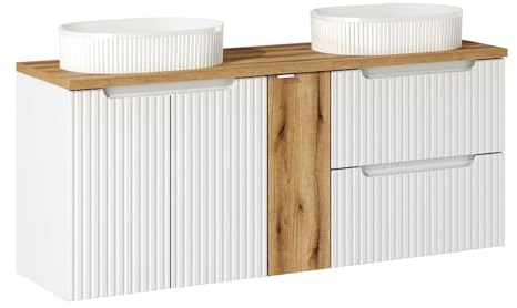 Lomadox Badezimmer Doppelwaschtisch 140cm mit Keramikwaschbecken, weiß und Eiche mit gerillter Front