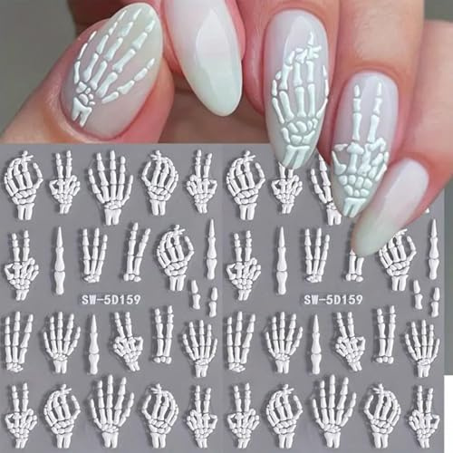 Auiremrti Halloween Skelett Fingernagelaufkleber - 2 Blatt Selbstklebende Nagelsticker Für Halloween - Inklusive Schwarzer Pinzette Für Exakte Anwendung