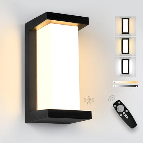 YindaLux 18W Aussenlampe mit Bewegungsmelder, LED Wandleuchte Aussen mit Fernbedienung, IP65 Wasserdichte Modern Wandlampe Innen/Außen, 3000-6500K Dimmbar Außenleuchte für Garten, Terrasse, Schwarz