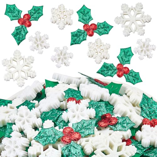 SUNNYCLUE 160 pieza de Copo de Nieve de Resina Adorno de Acebo A Granel Navidad Blanco Invierno Navidad Hoja Baya Purpurina Mini Decoración Cabujón de Tela para Álbumes de Recortes Adornos Tarjetas Ma