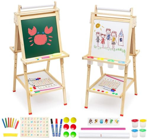 Pizarra Caballete Infantil 3 en 1 Caballete Pintura Niños Pizarra de Madera con Altura Ajustable, con Pizarra Tiza y Pizarra Blanca, Rollo de Papel, Letras, Números y Otros Accesorios