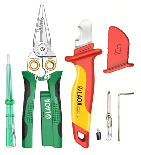 LAOA Wire Stripper with Electricity Measurement,8-in-1 Wire Stripping Pliers for Cutting,Pulling Wires,Cable Scissors for Scraping,Pressing Wires,with Voltage Test,with LA321713 Insulation Knife