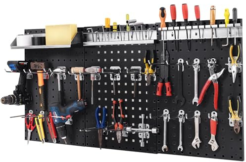 COSTWAY Werkzeugwand, Werkzeug Lochwand mit 3 Stecktafeln & 28-teilige hängende Zubehörteile, Werkzeugwand mit quadratischen Aufhängelöchern für Garage, Werkstatt (Schwarz)