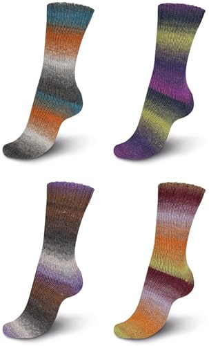 Strumpfwolle - 6fädig- Regia - Colorfarben - Sockenwolle Set 4x150gr Knaul - 375 m Lauflänge pro Knaul - filzfrei und superwash (Regia Set 1)