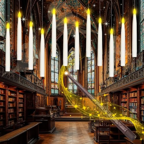 Fulybao LED Floating Candles with Wand, 12pcs Flickering Warm Light Flameless Hanging Candles with Timer, Battery Operated Taper Candles for Halloween Christmas Home Wedding Birthday Party Decorations