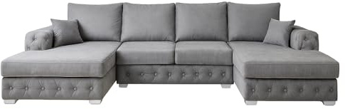 Sofaya U Shape Chesterfield Sofa Full Back Sectional Chaise Sofa with Deep Button Tufting – Upholstered Fabric Couch with Cushions – Modern 6-Seater Sofa for Living Rooms (Grey, U Shape Sofa)